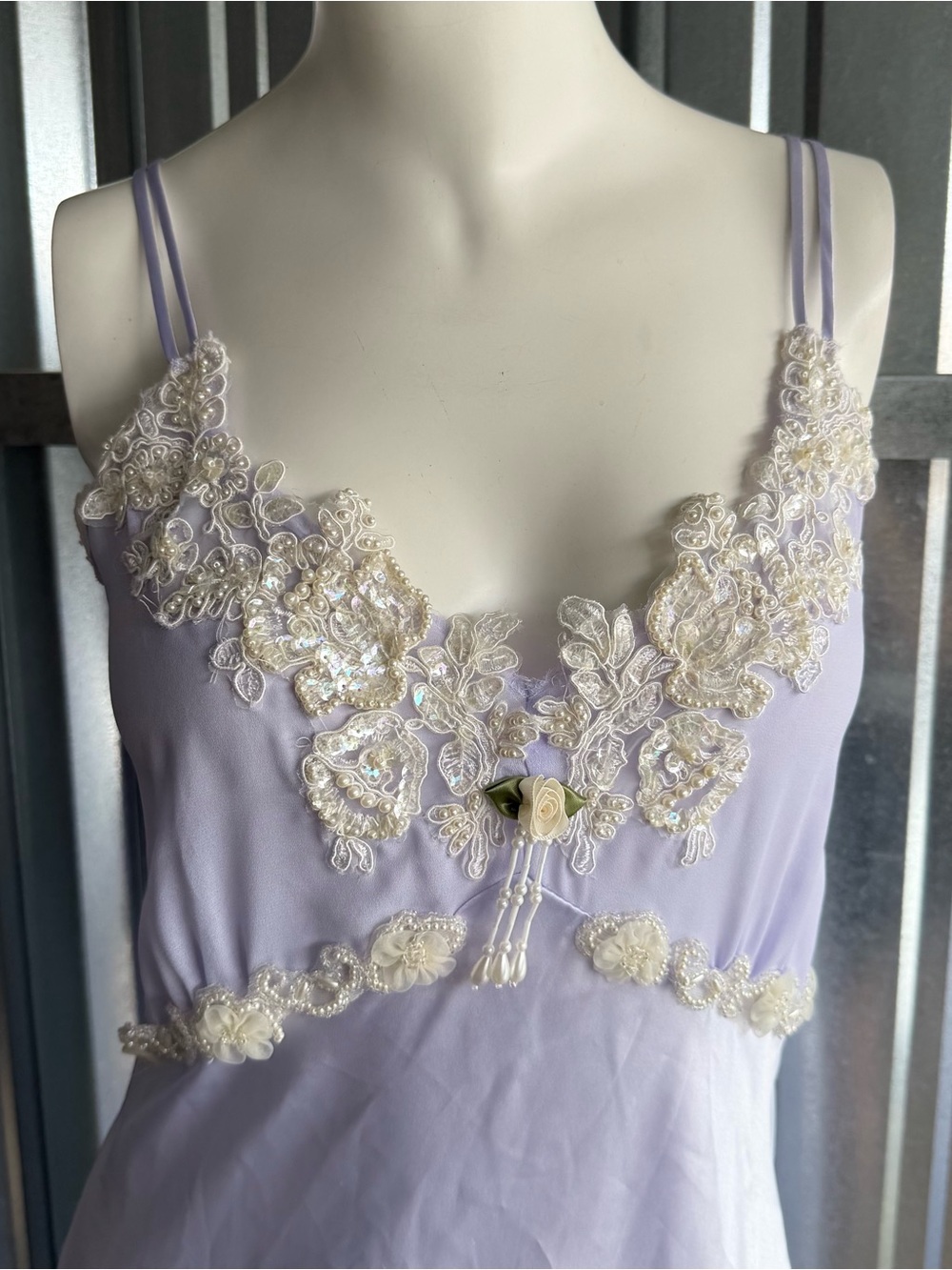 Vintage Lavender Satin Nightgown Lace Applique Maxi Slip Dress Lingerie